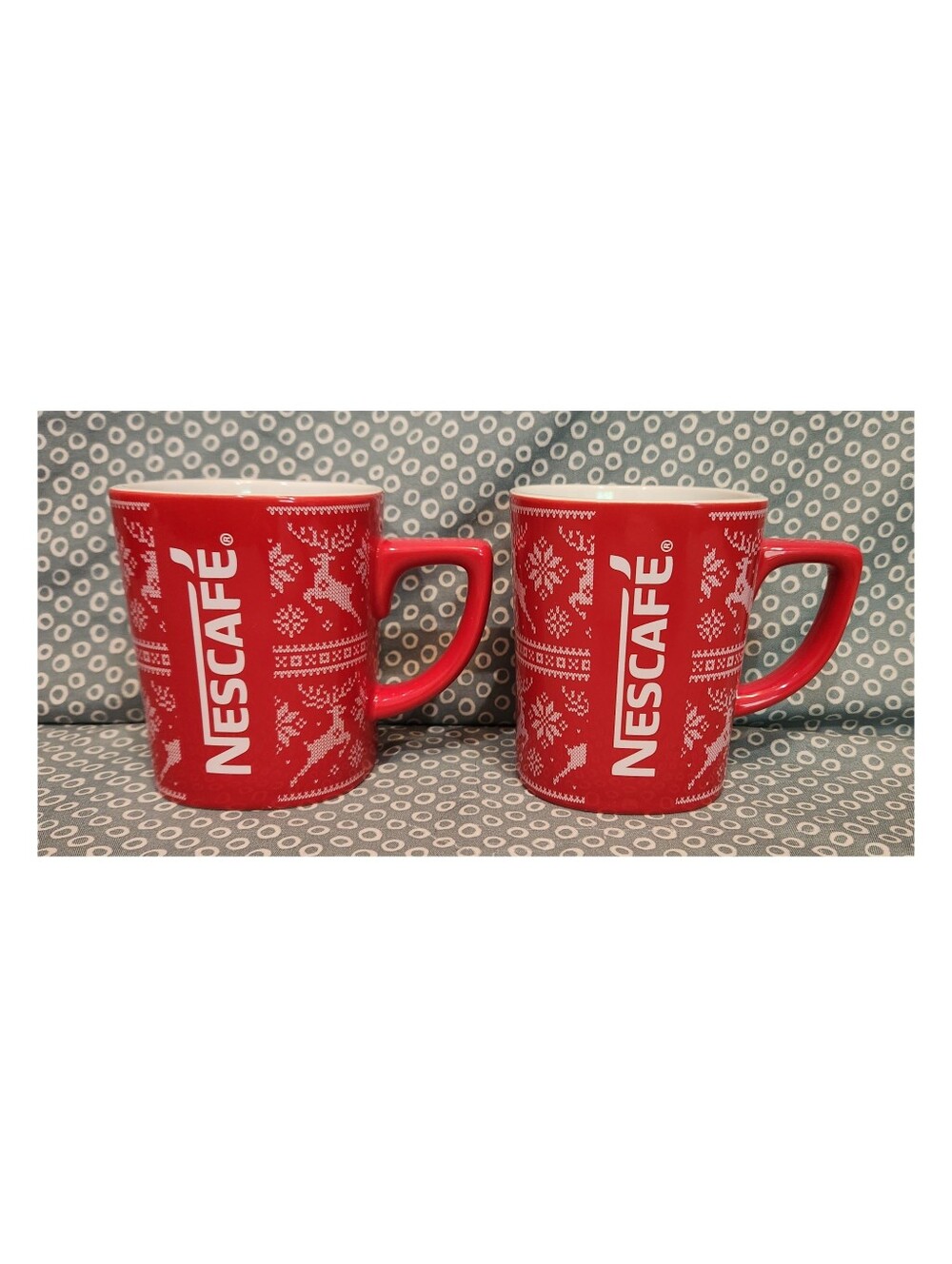 2 ~ Red Nescafe Christmas Sweater Print Mugs